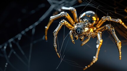 A spider with gold legs and a gold head is on a web