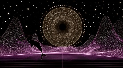 Wall Mural - serene dolphin silhouette leaping through digital mountain range under starlit celestial vortex.