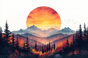 Poster - Vibrant autumn landscape filled with warm hues and rolling hills during sunset in a serene natural setting