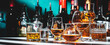 © 5ph - Strong hard alcoholic drinks, spirits, liqueurs, distillates, whiskey and others in glasses and bottles. Drink background banner. Alcohol set