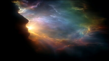 Wall Mural - silhouette cliff edges with shimmers of colorful cosmic sky aura and brilliant golden light burst ef
