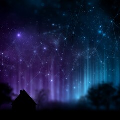 Wall Mural - silhouette house under starry night sky with constellations and galactic aurora atmospheric glow.
