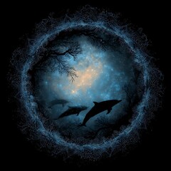 Wall Mural - silhouette of dolphins in a celestial ocean under the night sky fantasy with stars and branches