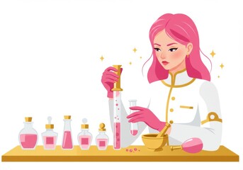 Wall Mural - female scientist in laboratory conducting chemistry experiment with pink solutions