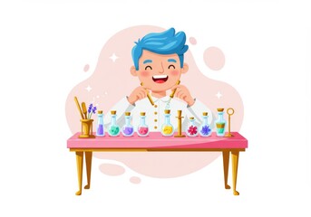 Wall Mural - happy child experiments with colorful chemistry set at science lab table