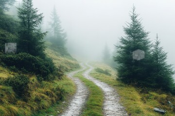 Poster - Winding trail through dense fog in a serene forest with towering evergreens during early morning hours