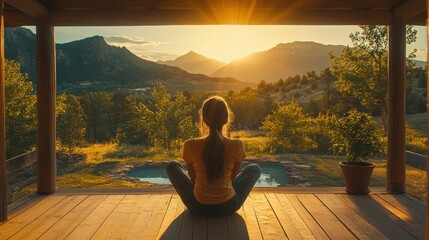 Poster - Relaxing at sunset in a tranquil setting with mountain views and natural light illuminating a serene moment of reflection