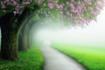 Poster - Winding trail through dense fog in a serene forest with towering evergreens during early morning hours