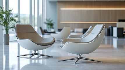 Poster - Modern wooden chairs arranged in a well-lit office space with large windows and plants during daylight