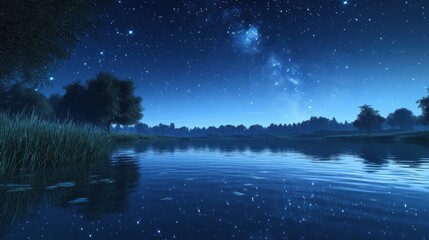 Aufkleber - Night sky over a tranquil lake with stars and reflections at dusk near a scenic park