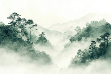 Poster - Dense mist envelops towering evergreen trees in a tranquil forest landscape during early morning hours