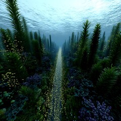 Wall Mural - submerged aquatic pathway luminous underwater landscape with flora and fauna ecosystem scenery