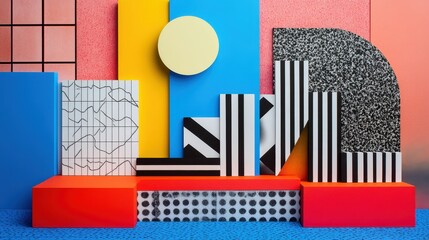 Aufkleber - Colorful abstract geometric shapes arranged in a visually striking display inside a modern art studio during daylight