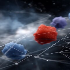 Wall Mural - three dimensional network connection of spheres with red blue and purple colors in cloudy sky.