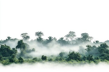 Aufkleber - Lush green forest enveloped in mist during early morning hours near a tranquil river landscape