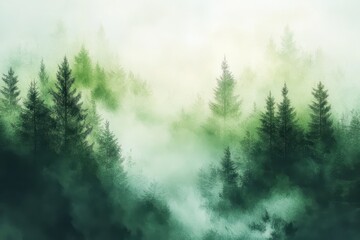 Aufkleber - Lush green forest enveloped in mist during early morning hours near a tranquil river landscape