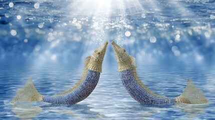 Wall Mural - two ornamental fish nose to nose underwater amidst sparkling light and water bubbles design.