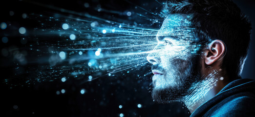 Wall Mural - digital transformation of human consciousness with data streams and technology, copy space for text.
