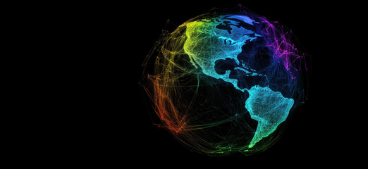 Wall Mural - colorful 3d network visualization of earth with geographical features and connections, copy space fo