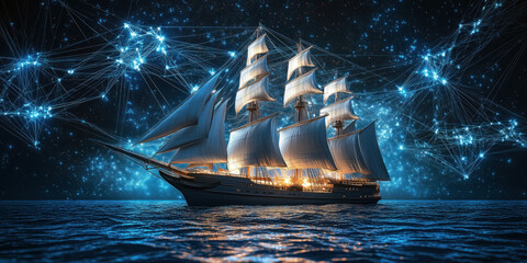 Wall Mural - digital sailing ship illuminated against starry night sky with network connections.