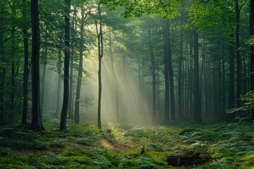 Aufkleber - Sunlight pierces through trees in a tranquil forest during early morning hours