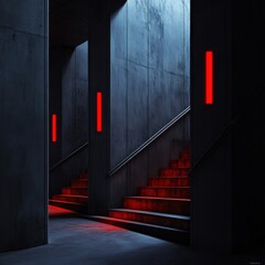 Poster - A dark hallway with red stairs and red lights