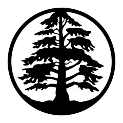 Monochrome Pine Tree Silhouette Enclosed in a Circular Frame with Roots