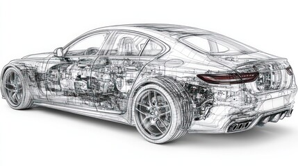 Car blueprint revealing internal parts on white background