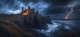 Dramatic coastal castle landscape with storm clouds and lightning strikes