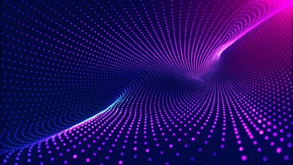 Poster - Particle stream. Purple background with many glowing particles. Information technology background. 3d rendering. Futuristic digital motion trail effect in cyberspace with glowing elements