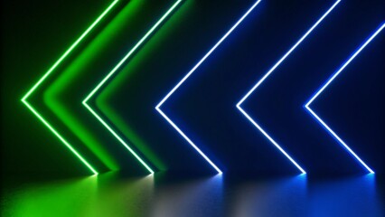 Fototapete - 3d render, abstract panoramic neon background with arrows showing right direction, green blue gradient glowing in the dark, futuristic lights, digital scenery, vibrant modern motion design