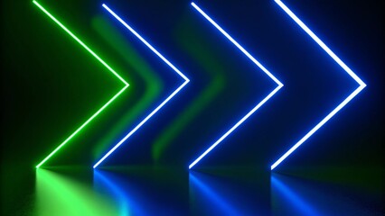 Fototapete - 3d render, abstract panoramic neon background with arrows showing right direction, green blue gradient glowing in the dark, futuristic lights, digital scenery, vibrant modern motion design