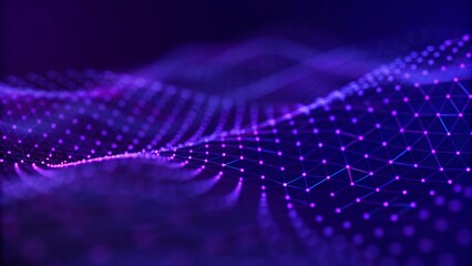 Aufkleber - Abstract futuristic wave background. Network connection dots and lines. Digital background. 3d rendering. Modern tech visualization, artificial intelligence concept, glowing neural mesh data