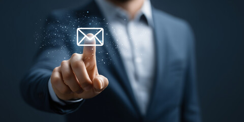 Email Communication:  A businessman's finger hovers above an email icon, representing the vital role email plays in modern business communication and connectivity.  