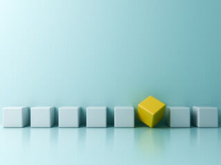 Fototapete - Stand out from the crowd and different concepts One strange yellow cube square box amongs other light blue boxes on light blue green pastel color background with reflections and shadows 3D rendering