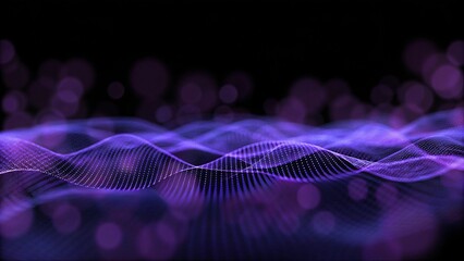 Poster - Network purple technology backdrop. Big data neon background perspective. Tech background purple. Cyber technical wave sound, futuristic digital flow matrix grid connection virtual energy
