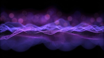 Poster - Network purple technology backdrop. Big data neon background perspective. Tech background purple. Cyber technical wave sound, futuristic digital flow matrix grid connection virtual energy