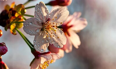 Wall Mural - close-up of dewy cherry blossom flowers in sunlight, symbolizing spring