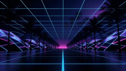 Poster - 3d abstract neon background, geometric background with polygonal structure, cyber space virtual reality, Podium show products, place for product, colored neon lights, retro sci-fi style, futuristic