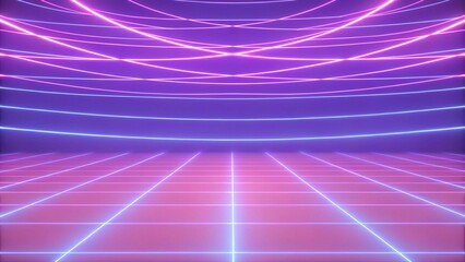 Poster - 3d render, abstract neon background, virtual reality space, pink blue grid in ultraviolet spectrum, chart field, frontal perspective view, futuristic environment, immersive digital scenery