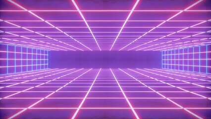 Poster - 3d render, abstract neon background, virtual reality space, pink blue grid in ultraviolet spectrum, chart field, frontal perspective view, futuristic environment, immersive digital scenery