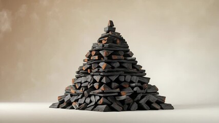 a stack of wood charcoal arranged like a podium, ideal for use as a backdrop, isolated on a backgrou