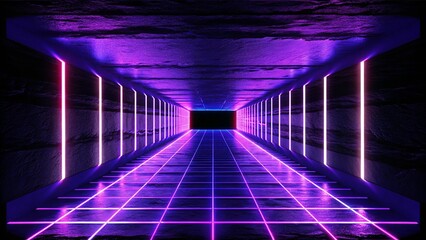 Poster - 3d render. Geometric figure in neon light against a dark tunnel. Laser glow. Futuristic background with glowing shapes, sci-fi ambiance, and abstract technology-inspired environment.
