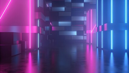 Poster - 3d rendering illustration of gaming background abstract, cyberpunk style of gamer wallpaper, neon glow light of scifi metaverse, cube box in the room, futuristic digital room atmosphere