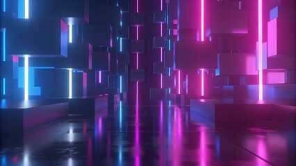 Poster - 3d rendering illustration of gaming background abstract, cyberpunk style of gamer wallpaper, neon glow light of scifi metaverse, cube box in the room, futuristic digital room atmosphere