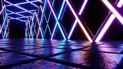 Poster - 3d technology abstract neon light background, empty space scene, spotlight, dark night, virtual reality, cyber futuristic sci-fi background, street floor studio for mock up