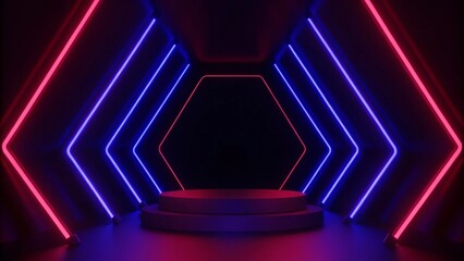 Aufkleber - Abstract background video game of esports scifi gaming cyberpunk, vr virtual reality simulation and metaverse, scene stand pedestal stage, 3d illustration rendering, futuristic neon glow room