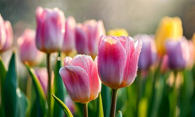 Wall Mural - close-up of dew-covered tulips in various colors morning light