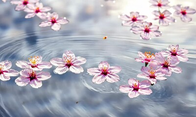 Wall Mural - pink cherry blossoms floating on clear water surface, creating serene spring scene