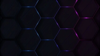 Aufkleber - Dark hexagon gaming abstract background with blue and pink colored bright flashes, futuristic neon lights digital design glowing tech pattern modern sci fi style energy grid texture
